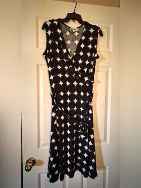 Leota Black and White Polka Dot Sleeveless Wrap Dress